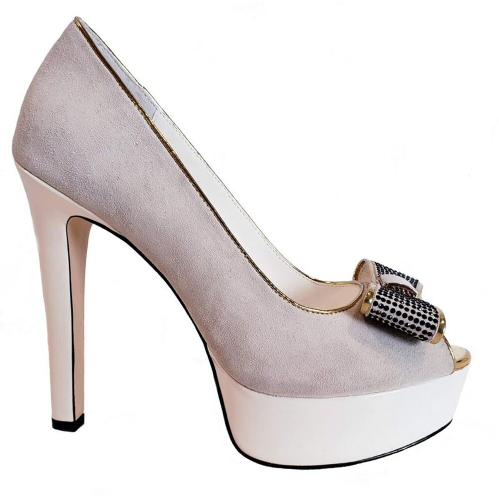 Blush Pink Suede Peep-Toe Platform Heel with Gold Bow Trim - Picture 3 of 6